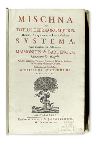 MISHNA.  Mischna; sive, Totius Hebraeorum juris: rituum, antiquitatum, ac legum oralium systema.  6 vols in 3.  1698-1703